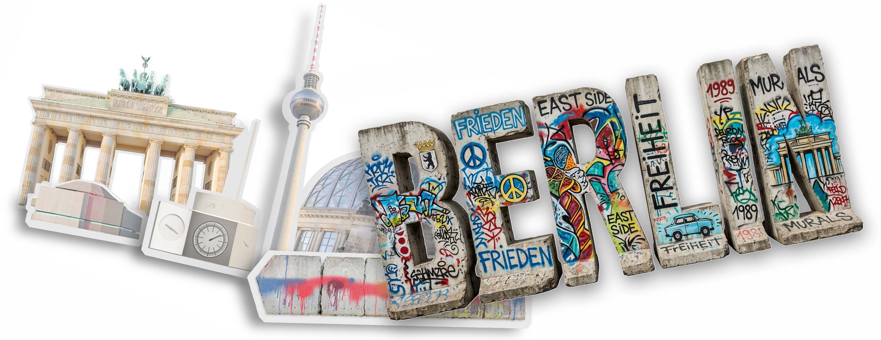 Brandenburger Tor, Berliner Fernsehturm, Reichstagskuppel und Buchstaben "BERLIN" aus bemalten Mauersegmenten mit Friedenssymbolen und Graffiti