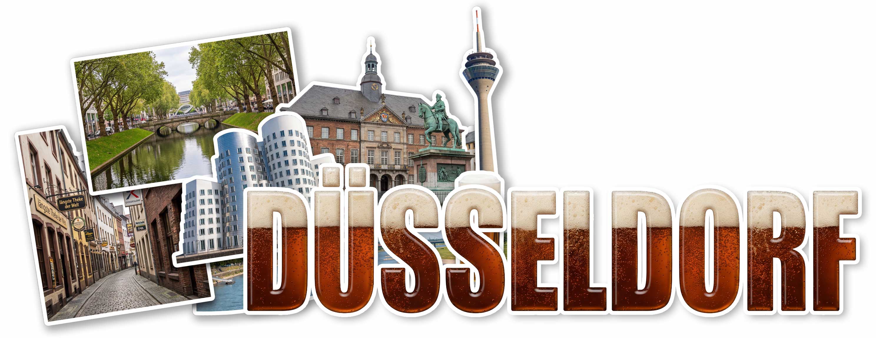 Collage mit Düsseldorfer Sehenswürdigkeiten wie Altstadtgasse, Rheinturm, modernem Gebäude, historischem Rathaus und Brücke, darüber der Schriftzug 'DÜSSELDORF'.