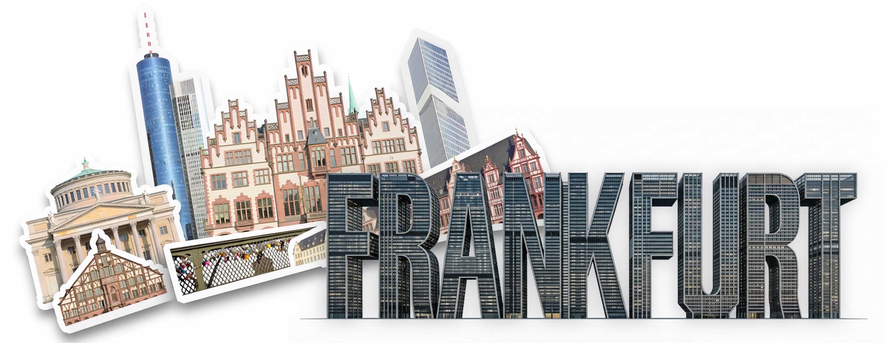 Collage aus Frankfurter Wahrzeichen mit dem Schriftzug 'FRANKFURT' in Großbuchstaben ist in einer Glasfassadenstruktur gestaltet.