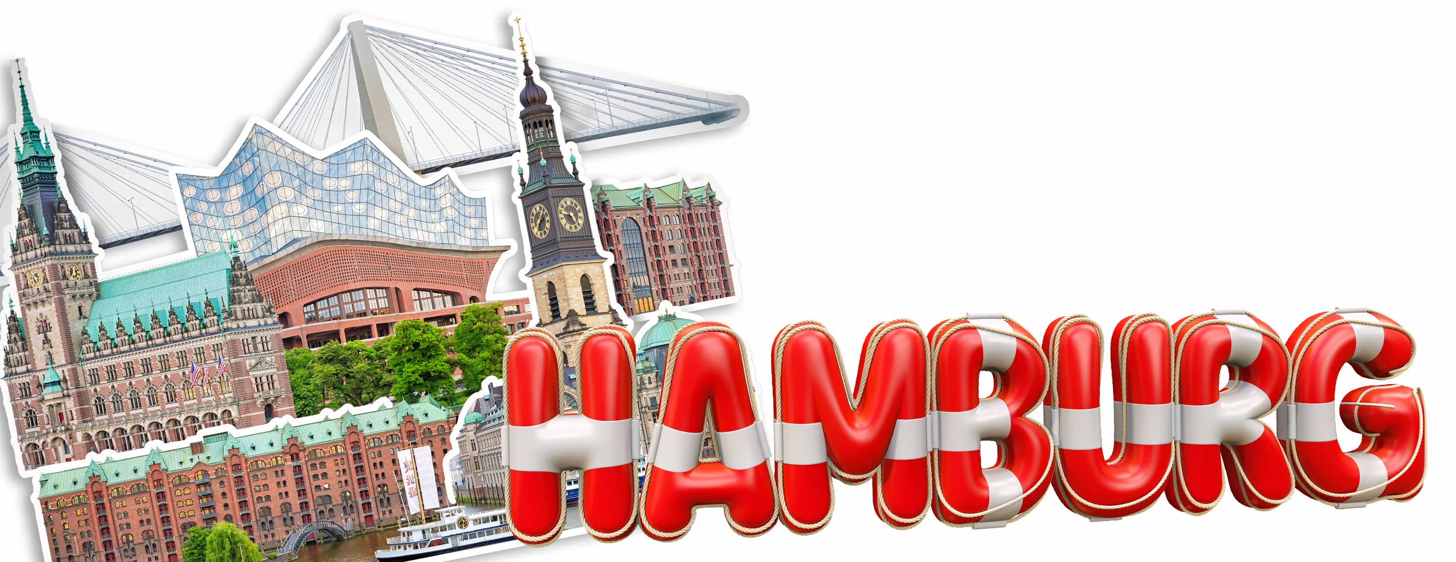 Collage mit Hamburger Sehenswürdigkeiten und großem Schriftzug 'HAMBURG' im Vordergrund
