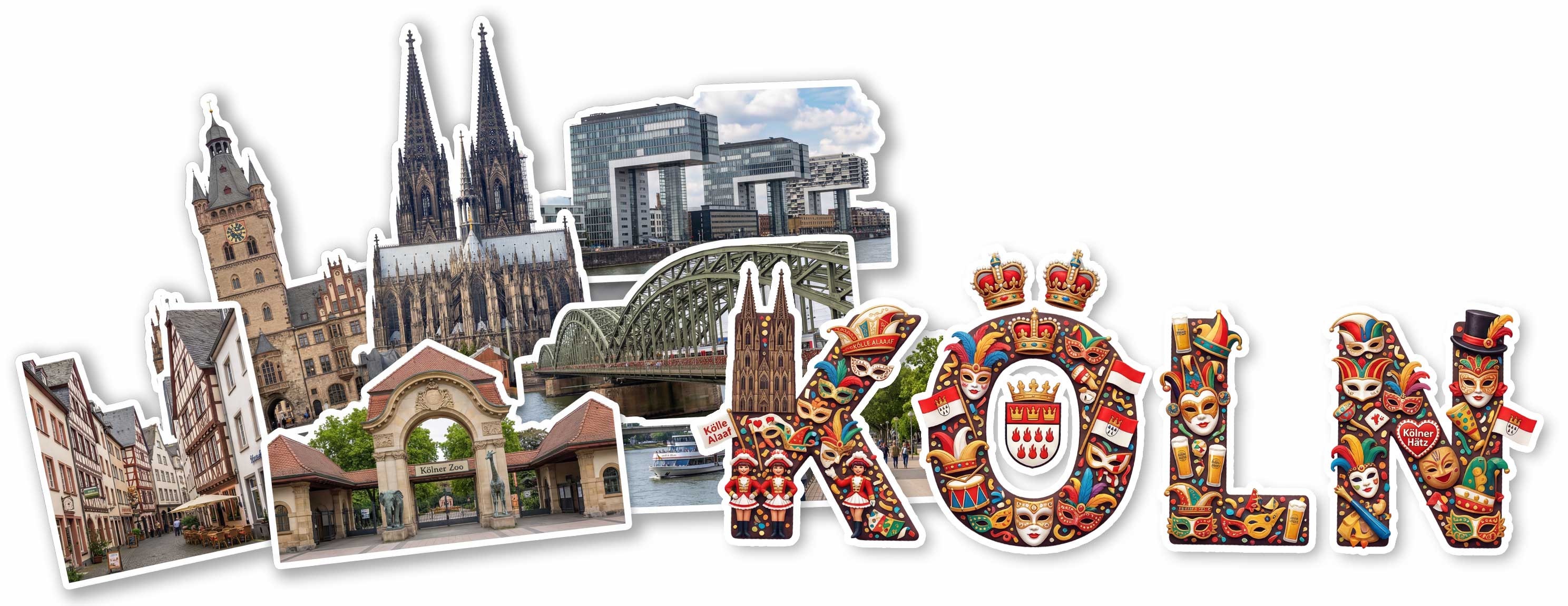 Fotomontage mit Kölner Sehenswürdigkeiten und Buchstaben mit bunten Maskenmotiven, die das Wort 'KÖLN' bilden.