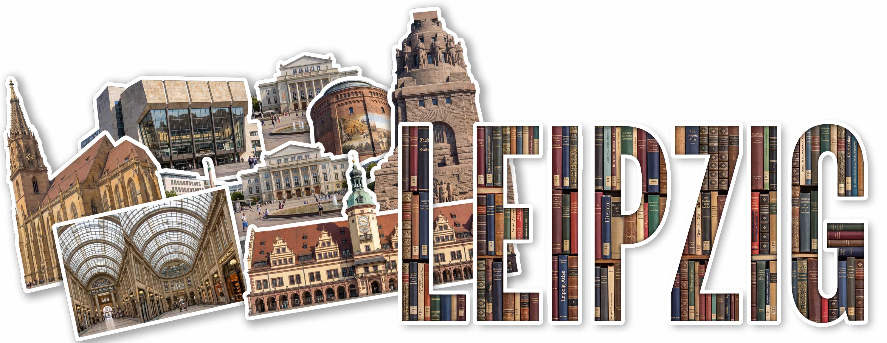 Collage aus Leipziger Sehenswürdigkeiten mit dem Schriftzug 'LEIPZIG', dessen Buchstaben mit Büchern gefüllt sind.