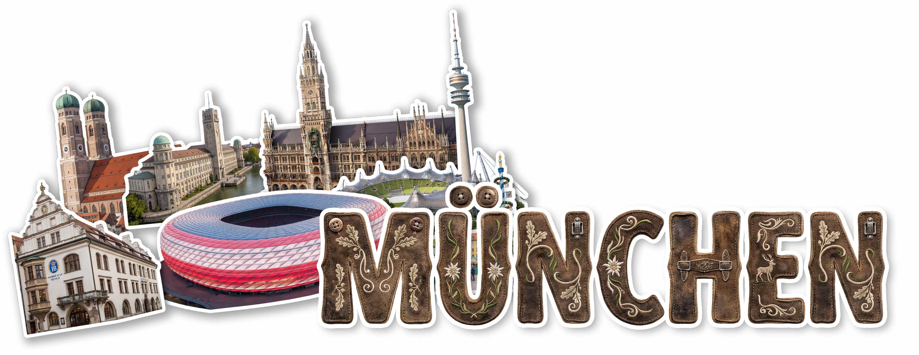 Collage mit bekannten Münchner Bauwerken und dem Schriftzug 'MÜNCHEN' im Vordergrund