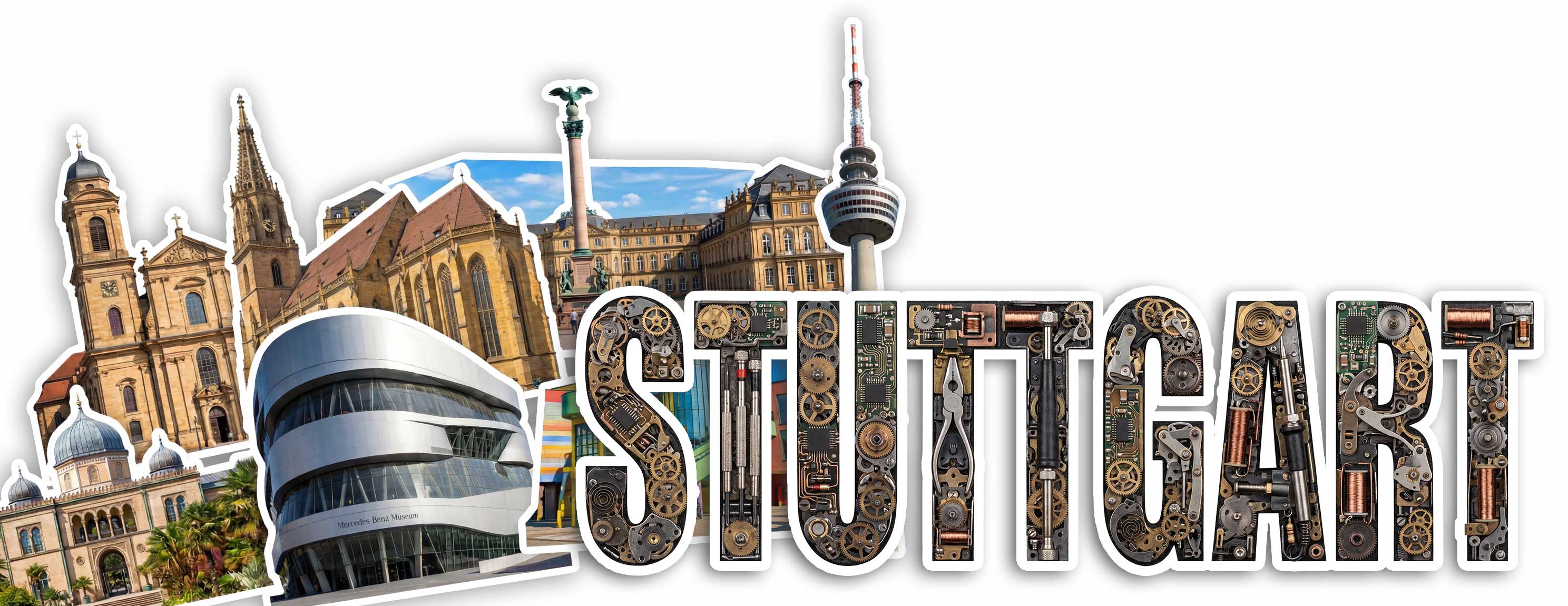 Collage mit mehreren Stuttgarter Gebäuden und Sehenswürdigkeiten, der Schriftzug 'STUTTGART' ist mit einem Mosaik aus Werkzeuge, zahnrädern und Schrauben gefüllt.