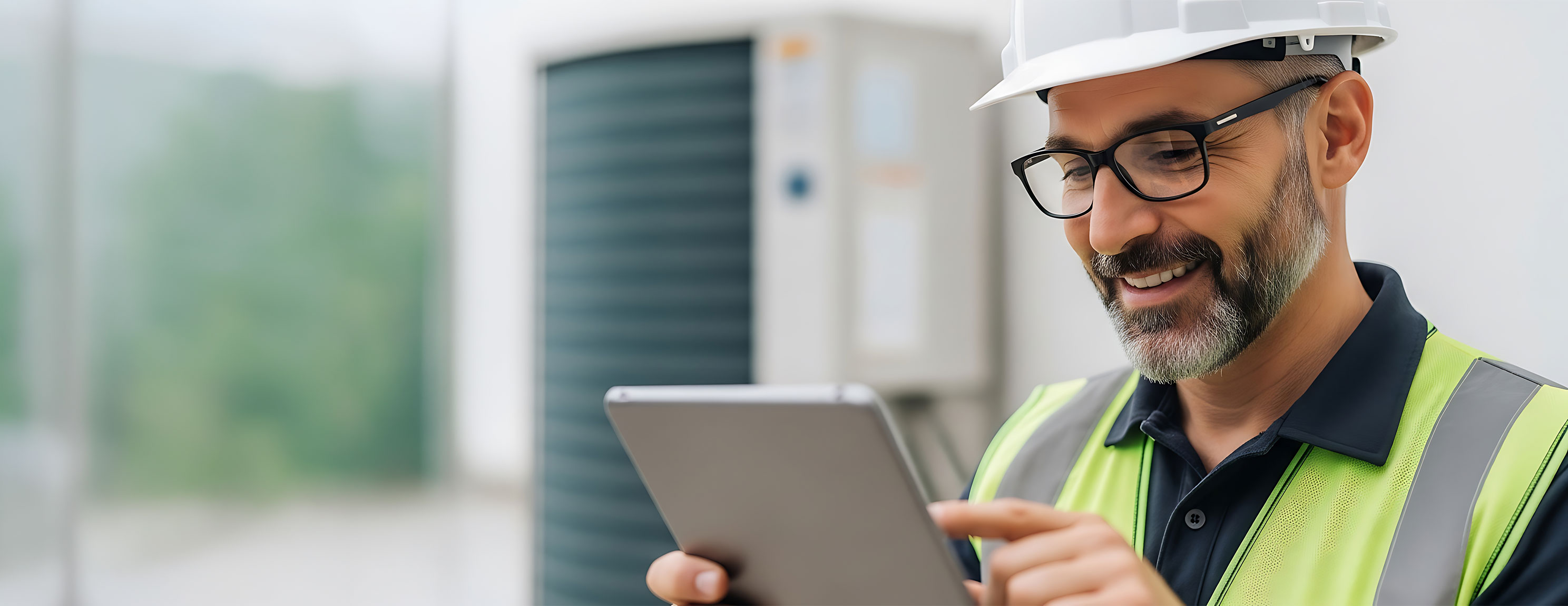 Techniker mit Schutzhelm und Warnweste bedient Tablet überprüft Lüftungsanlage in Technik Raum